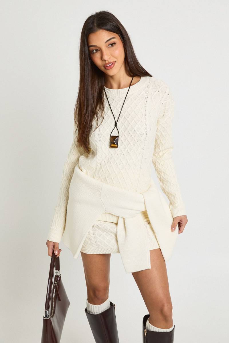 Zopfmuster-Pullover & Minirock - Cream - 40, Cream von boohoo