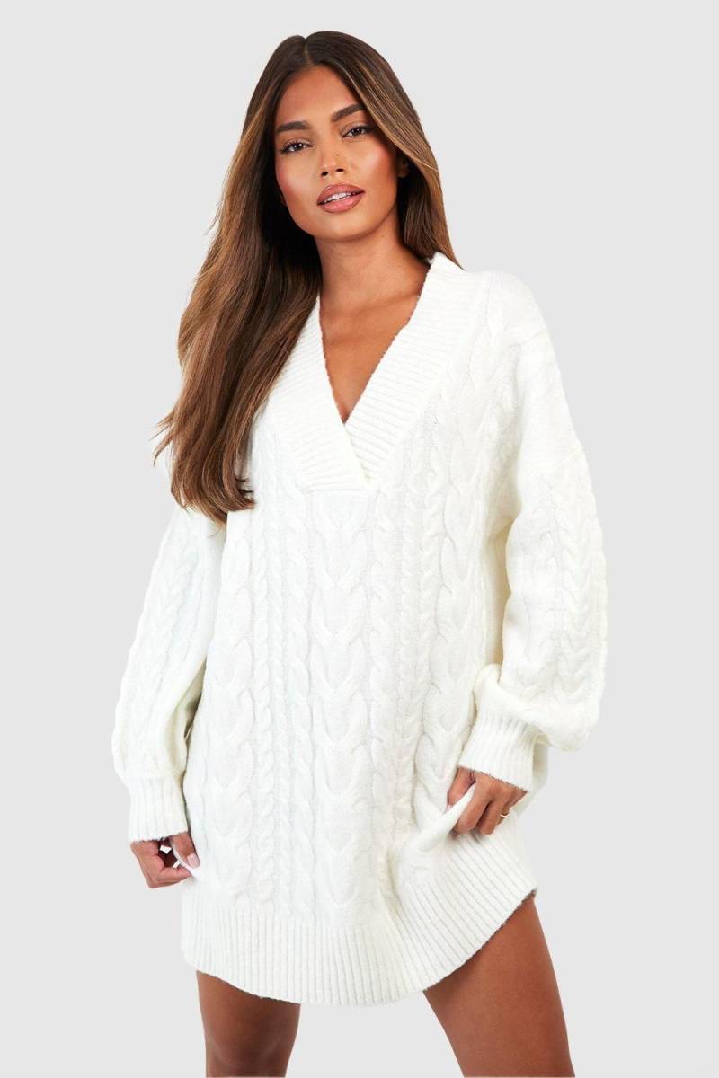 Zopfmuster Pulloverkleid Mit V-Ausschnitt - Cream - Xs, Cream von boohoo