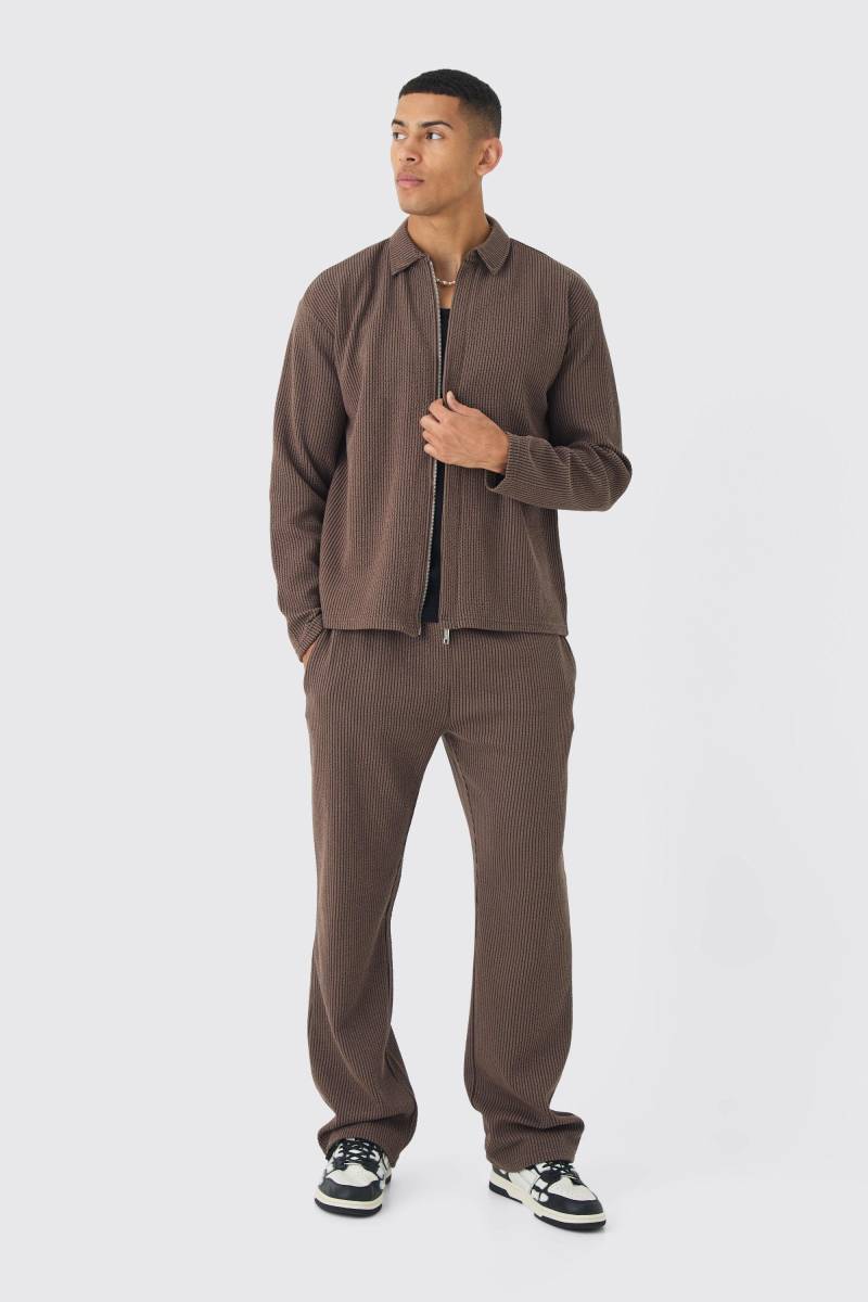 Zweifarbiges Geripptes Oversize Jersey-Hemd & Jogginghose Mit Geradem Bein - Coffee - M, Coffee von boohoo