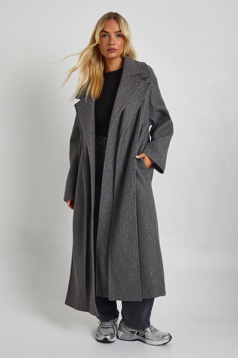 Zweireihiger Maxi-Wollmantel Mit Kragen-Detail - Grey - 40, Grey von boohoo