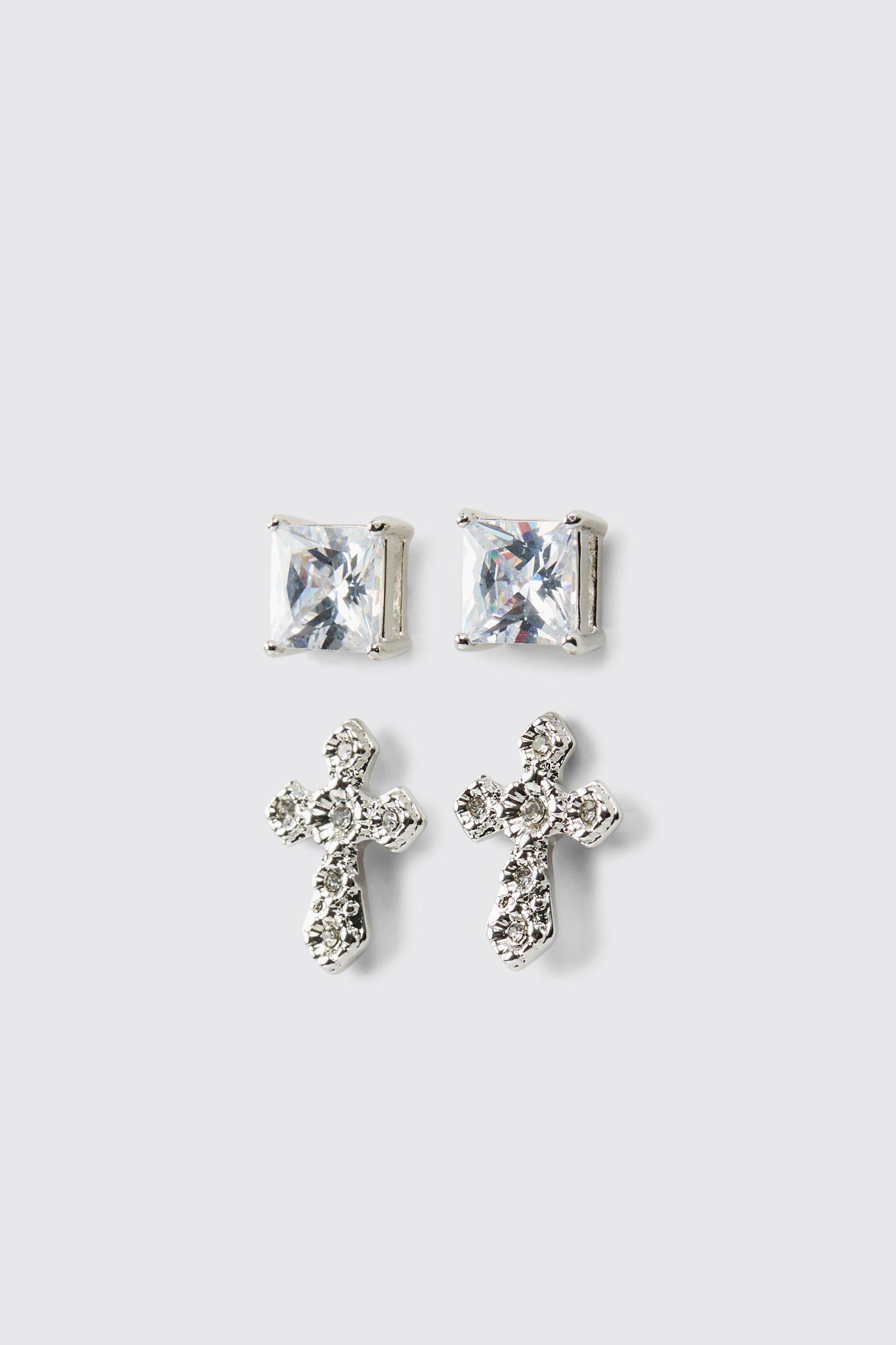 2er-Pack Strass-Ohrringe - Silber - ONE SIZE, Silber von boohooman