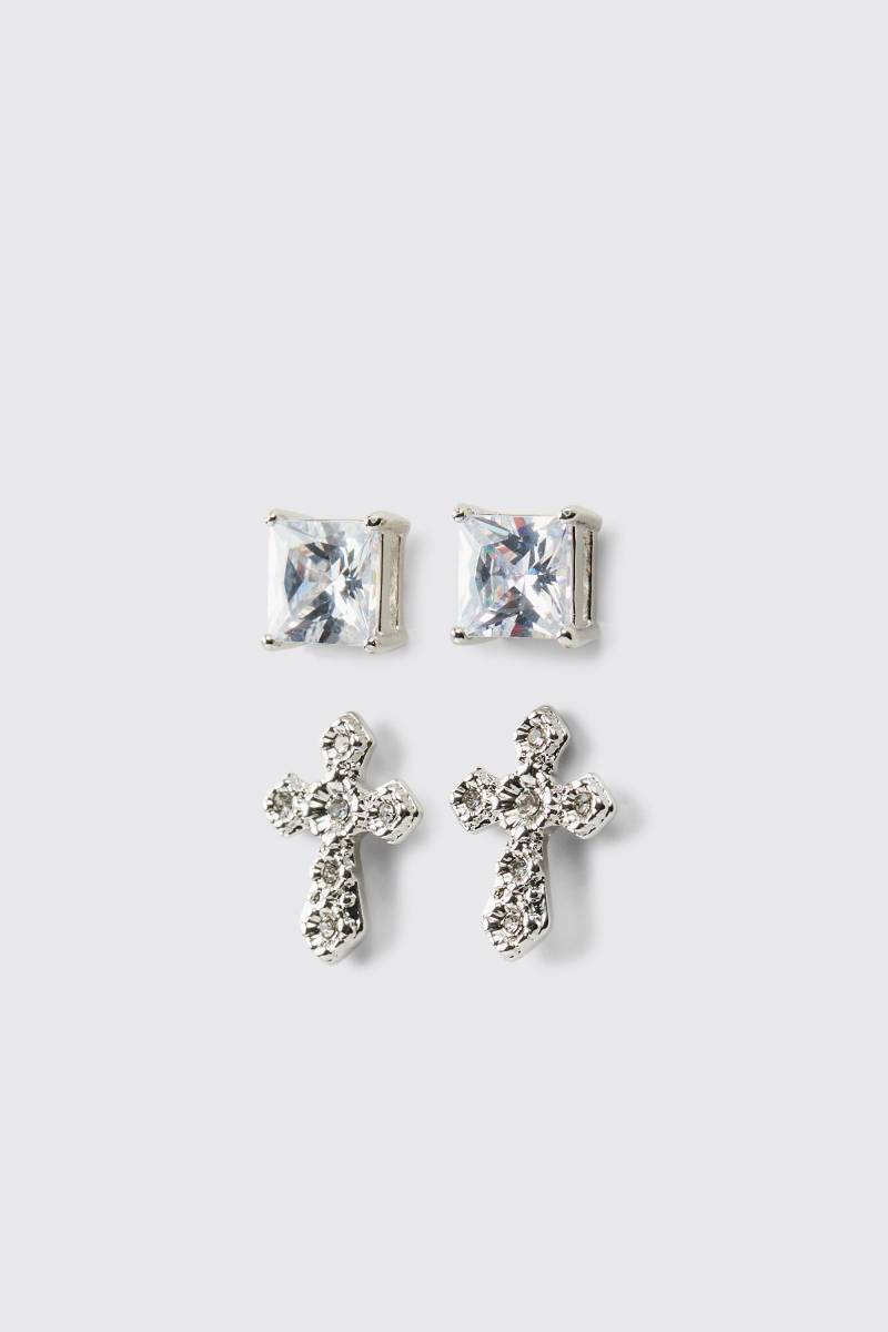 2er-Pack Strass-Ohrringe - Silber - ONE SIZE, Silber von boohooman