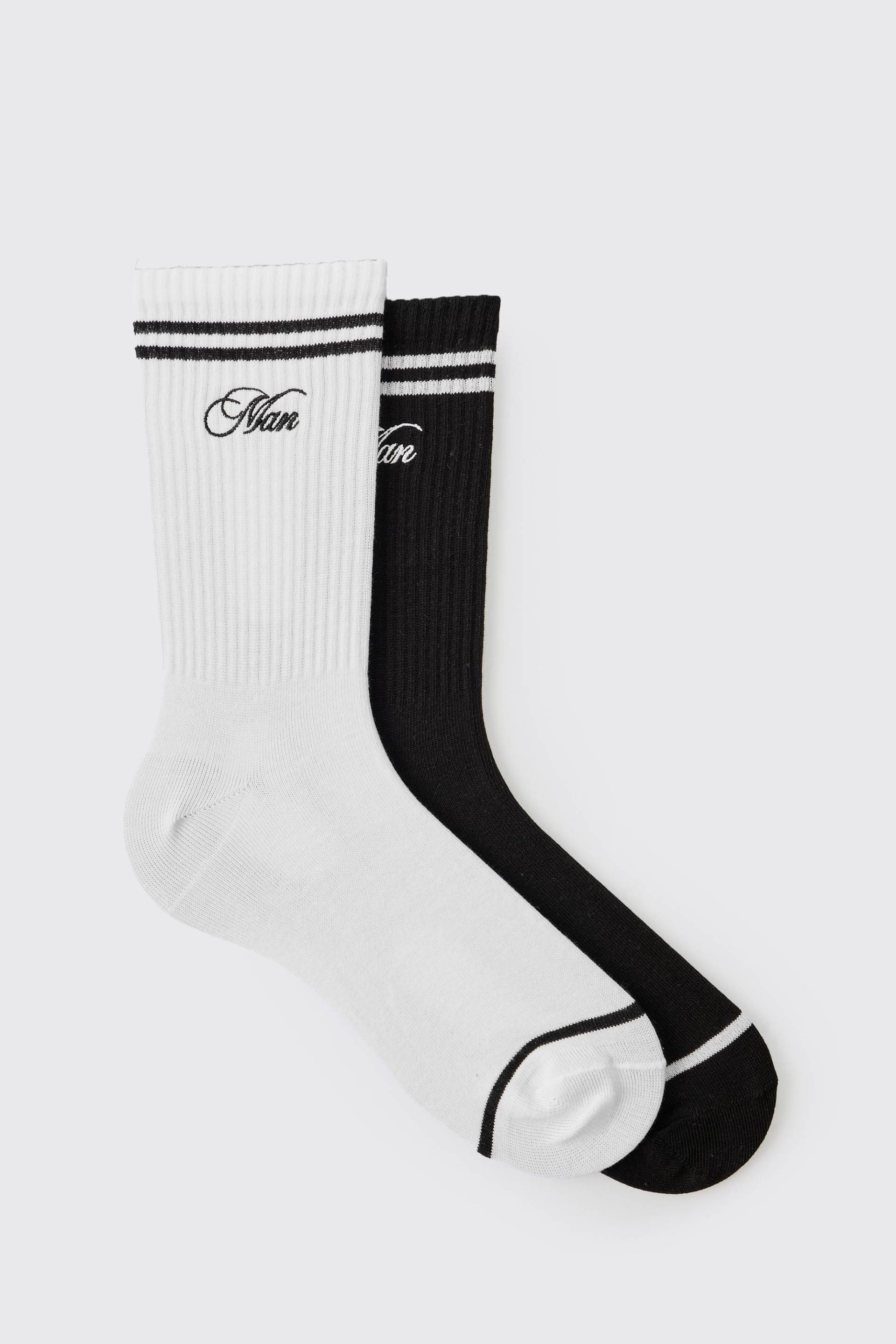2er-Pack gestreifte Sport-Socken mit Man-Stickerei von boohooman