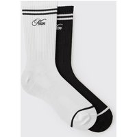 2er-Pack gestreifte Sport-Socken mit Man-Stickerei von boohooman