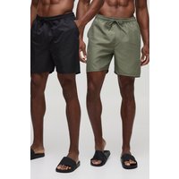 2er-Pack mittellange Badehose in Schwarz und Khaki - Mehrfarbig - L, Mehrfarbig von boohooman