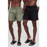 2er-Pack mittellange Badehose in Schwarz und Khaki - Mehrfarbig - M, Mehrfarbig von boohooman