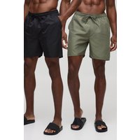 2er-Pack mittellange Badehose in Schwarz und Khaki von boohooman