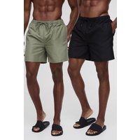 2er-Pack mittellange Badehose in Schwarz und Khaki von boohooman