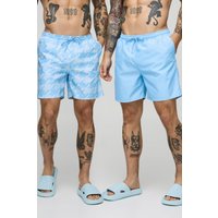 2er-Pack mittellange Badehose mit Hahnentritt-Print und einfarbig von boohooman
