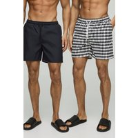 2er-Pack mittellange Badehose mit Schachbrett-Print und Streifen - Schwarz - M, Schwarz von boohooman