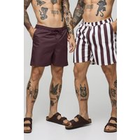 2er-Pack mittellange gestreifte und einfache Badehosen von boohooman