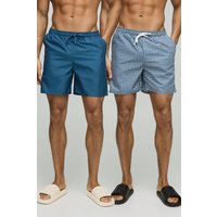 2er-Pack mittellange karierte und einfache Badehosen - Blau - M, Blau von boohooman