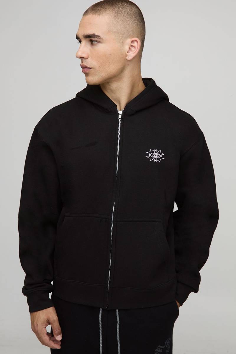 Kastiger Oversize Hoodie mit M Stern Print und Reißverschluss - Schwarz - S, Schwarz von boohooman