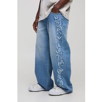 Lockere zerrissene Jeans mit Applikation - Blau - 36R, Blau von boohooman