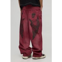 Baggy Skater Angel Printed Denim Jeans - Rot - 30R, Rot von boohooman