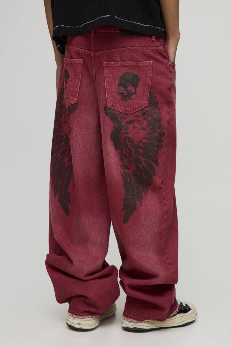 Baggy Skater Angel Printed Denim Jeans - Rot - 30R, Rot von boohooman