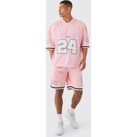Baseball T-Shirt & Shorts mit Mesh & Satin Applikation - Rosa - L, Rosa von boohooman