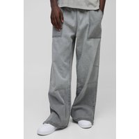 Bestickte Denim-Jogginghose mit weitem Bein und elastischem Bund - Grau - XL, Grau von boohooman