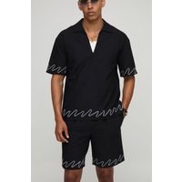Besticktes Oversize Hemd und Shorts in Leinenoptik mit V-Ausschnitt - Schwarz - S, Schwarz von boohooman