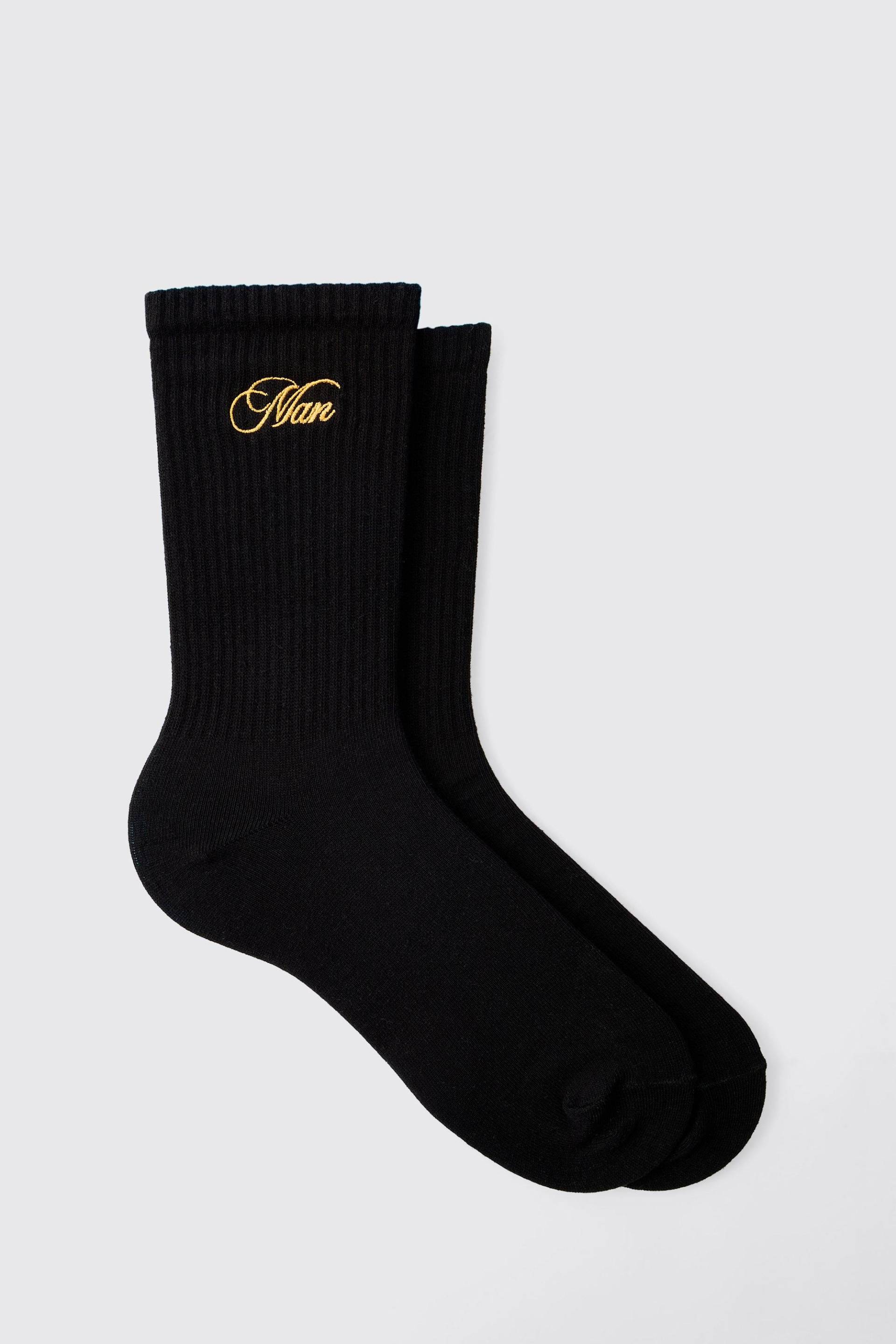 Schwarze gerippte Sportsocken mit Man-Stickerei - ONE SIZE, Schwarz von boohooman