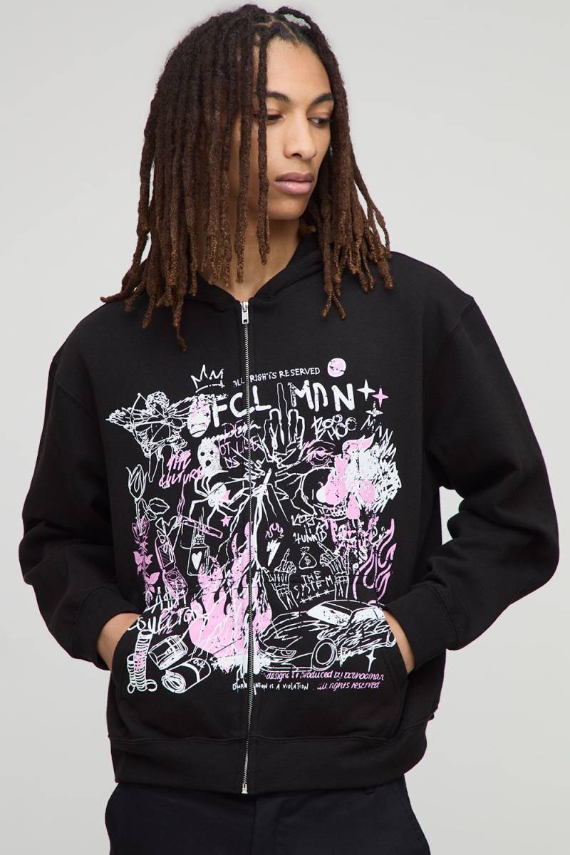 Black Oversized Boxy Ofcl Man Graffiti Printed Zip Through Hoodie von boohooman