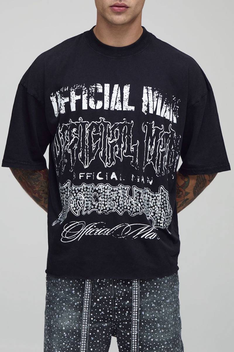 Black Oversized Boxy Washed Official Man Raw Hem Rhinestone Graphic T-Shirt von boohooman
