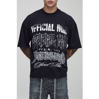 Black Oversized Boxy Washed Official Man Raw Hem Rhinestone Graphic T-Shirt von boohooman