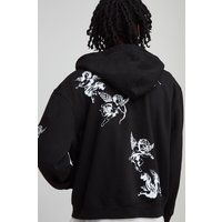 Black Oversized Boxy Zip Through Cherub Printed Hoodie von boohooman