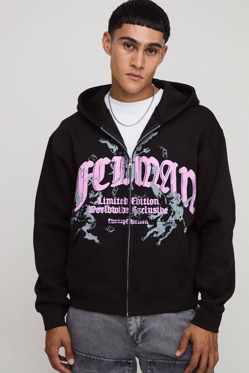 Kastiger Oversize Hoodie mit Reißverschluss und Official Man Print - Schwarz - M, Schwarz von boohooman