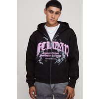 Kastiger Oversize Hoodie mit Reißverschluss und Official Man Print - Schwarz - S, Schwarz von boohooman