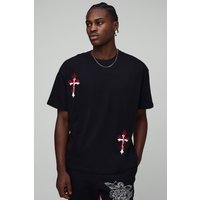 Schwarzes Oversize T-Shirt mit Kreuz-Stickerei - XS, Schwarz Schwarzes Oversize T-Shirt mit Kreuz-Stickerei - XS, Schwarz von boohooman