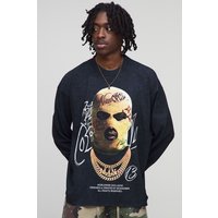 Black Oversized Extended Neck Ski Mask Long Sleeve Printed Washed T-Shirt von boohooman