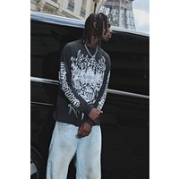 Langärmliges Oversize T-Shirt mit Gothic BM Print - acid wash black - L, acid wash black von boohooman