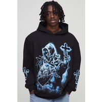 Schwarzer Oversize Hoodie mit Graffiti Spray Totenkopf Print - XS, Schwarz von boohooman