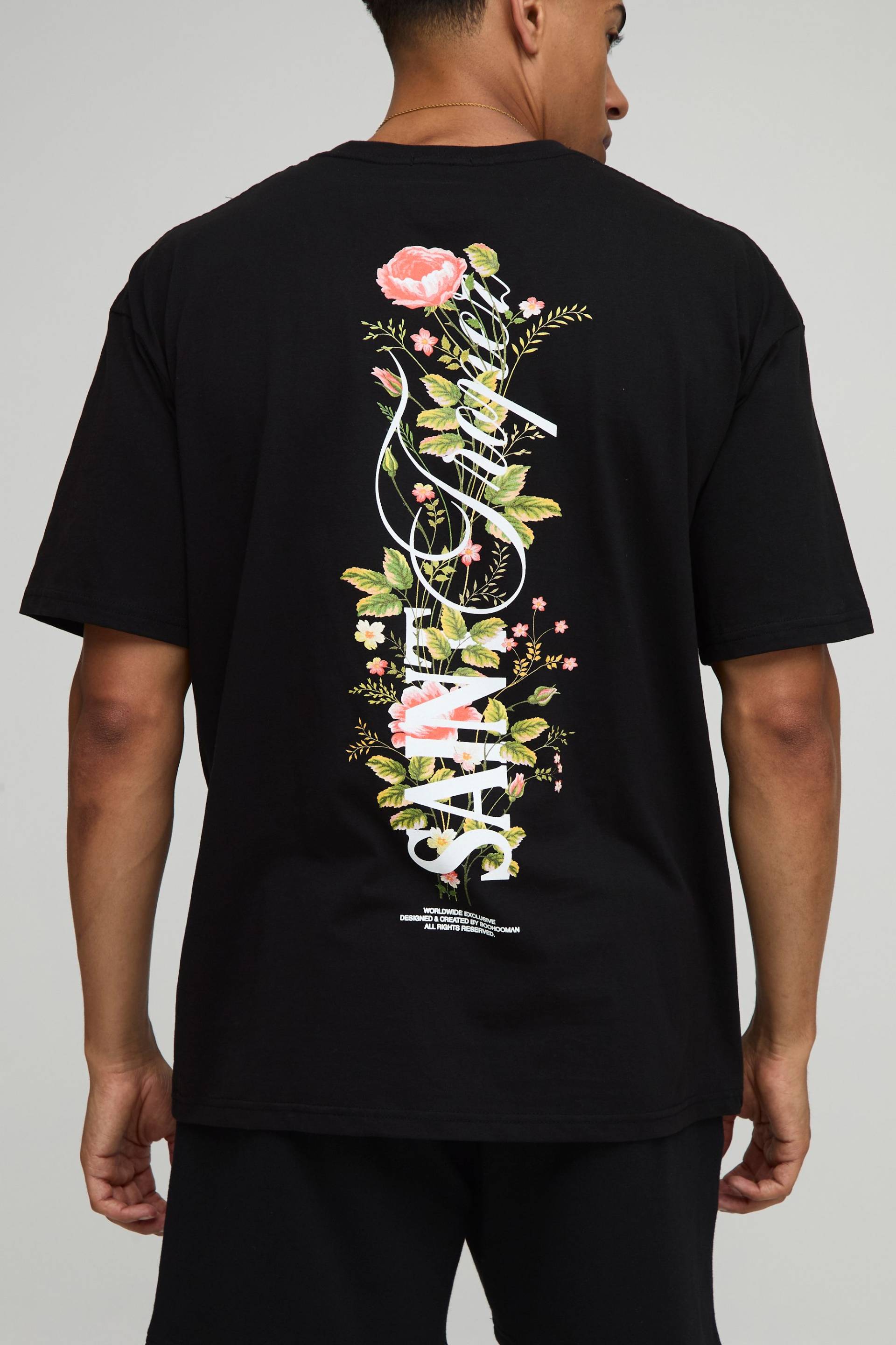 Schwarzes Oversize T-Shirt mit floralem Man Saint Tropez Print - XS, Schwarz von boohooman