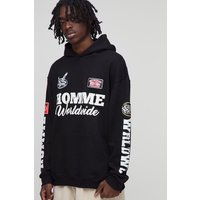 Black Oversized Puff Print Moto Badge Printed Hoodie - Schwarz - S, Schwarz von boohooman