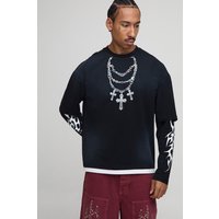 Langärmliges kastiges Oversize T-Shirt mit Man-Print - Schwarz - M, Schwarz von boohooman