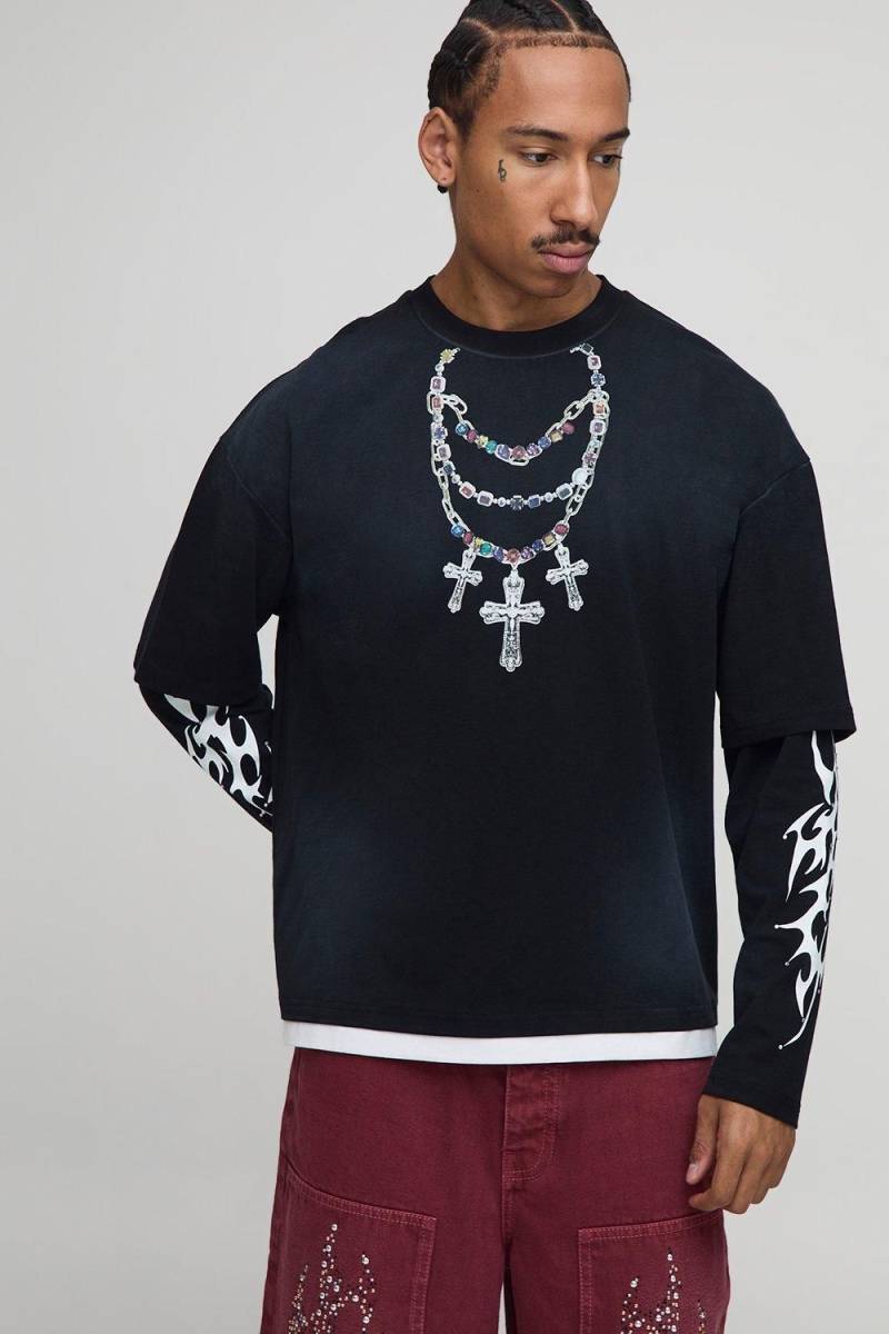 Langärmliges kastiges Oversize T-Shirt mit Man-Print - Schwarz - XS, Schwarz von boohooman