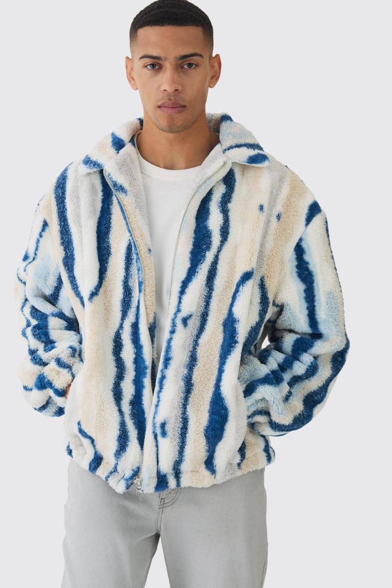 Blaue gestreifte Oversize Borg-Jacke mit Reißverschluss - M, Blau von boohooman