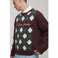 Kastiger bestickter Strickpullover - Braun - L, Braun von boohooman