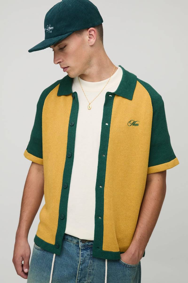 Kastiges besticktes Raglan Colorblock Hemd - Gelb - L, Gelb von boohooman