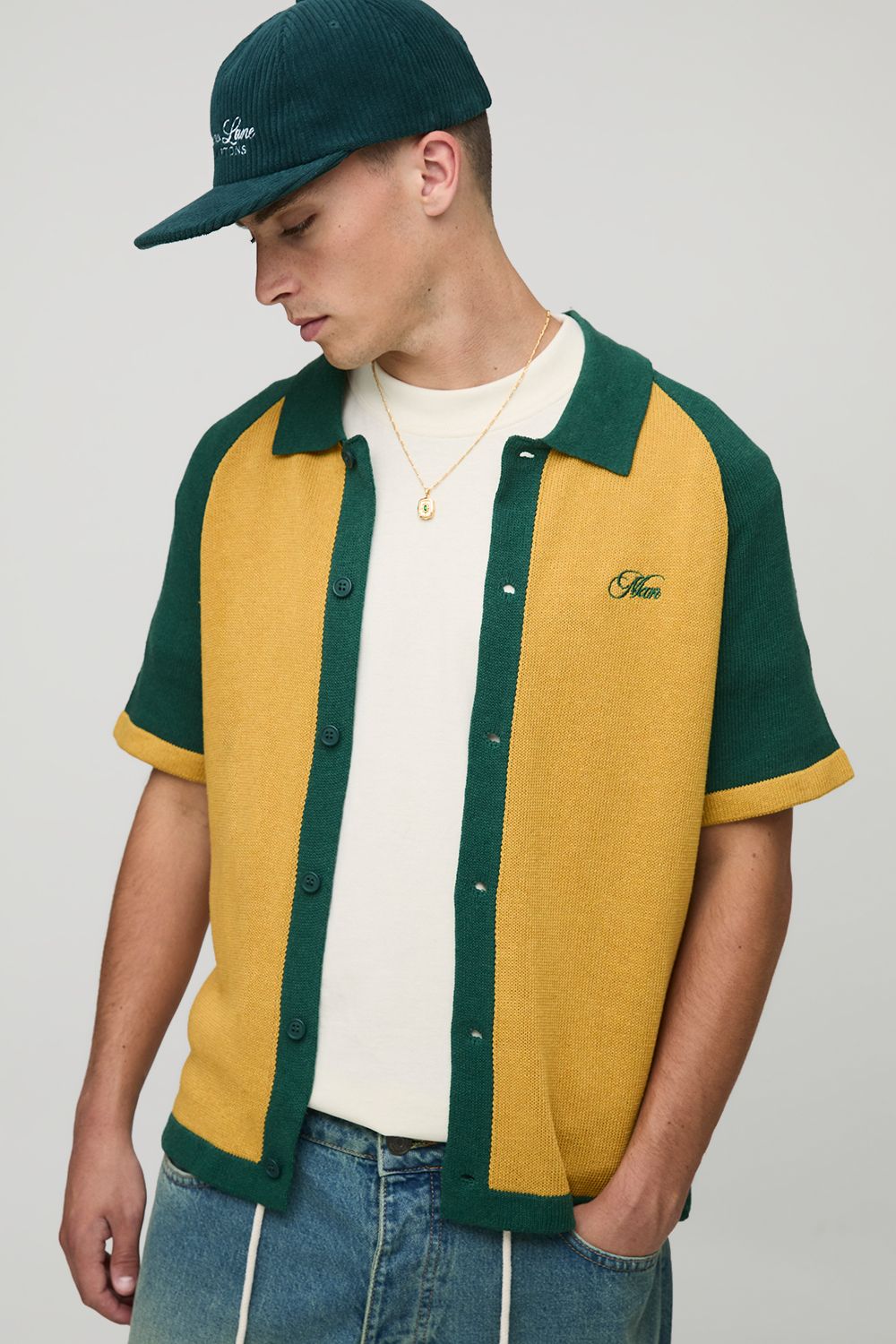 Kastiges besticktes Raglan Colorblock Hemd - Gelb - XL, Gelb von boohooman