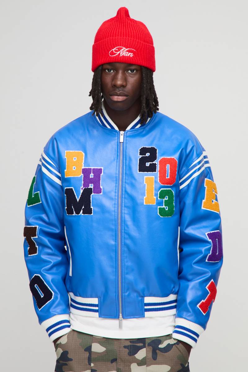 PU Bomberjacke mit Buchstaben-Aufnäher - Grau - XS, Grau von boohooman