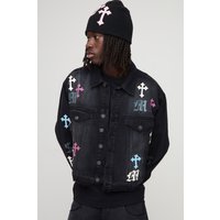 Kastige PU Jeansjacke mit Applikation - Schwarz - XL, Schwarz Kastige PU Jeansjacke mit Applikation - Schwarz - XL, Schwarz von boohooman