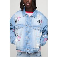 Kastige PU Jeansjacke mit Applikation - light wash - S, light wash von boohooman