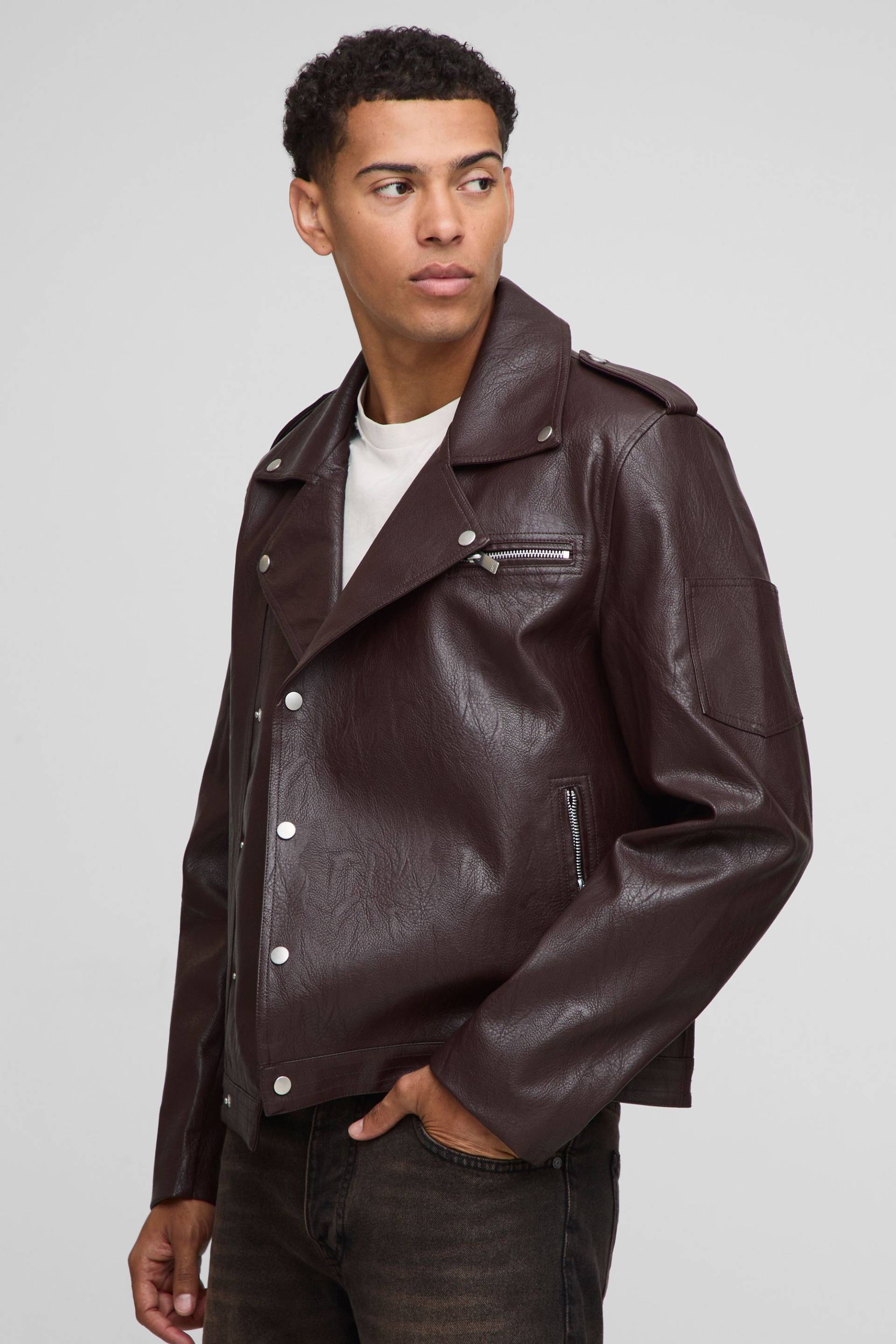 Kastige PU-Bikerjacke - Braun - XS, Braun Kastige PU-Bikerjacke - Braun - XS, Braun von boohooman
