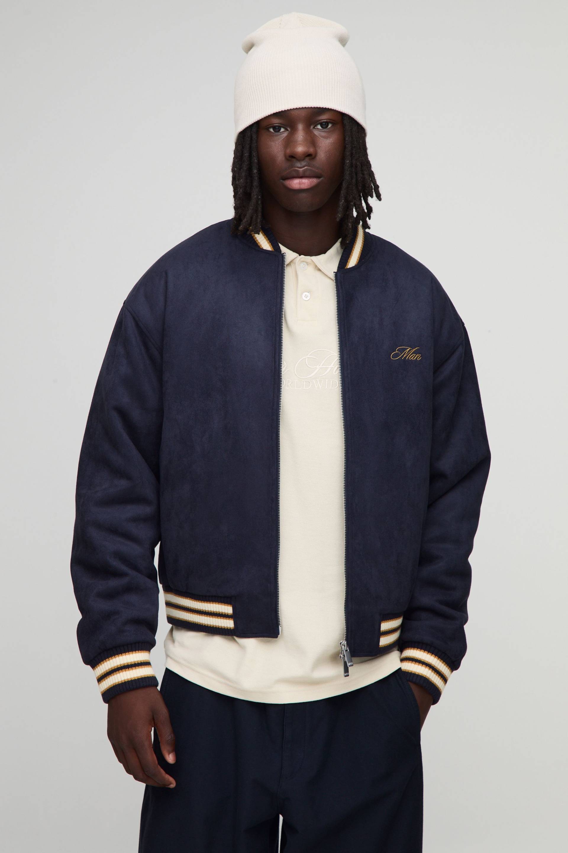 Kastige gerippte Bomberjacke mit Stickerei - Blau - XS, Blau von boohooman