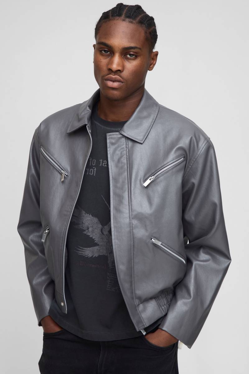 Kastige Bomberjacke mit Reißverschluss-Detail und PU-Kragen - Grau - L, Grau von boohooman