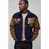 Oversize Official Man Melton Bomberjacke im College-Stil - Blau - M, Blau von boohooman