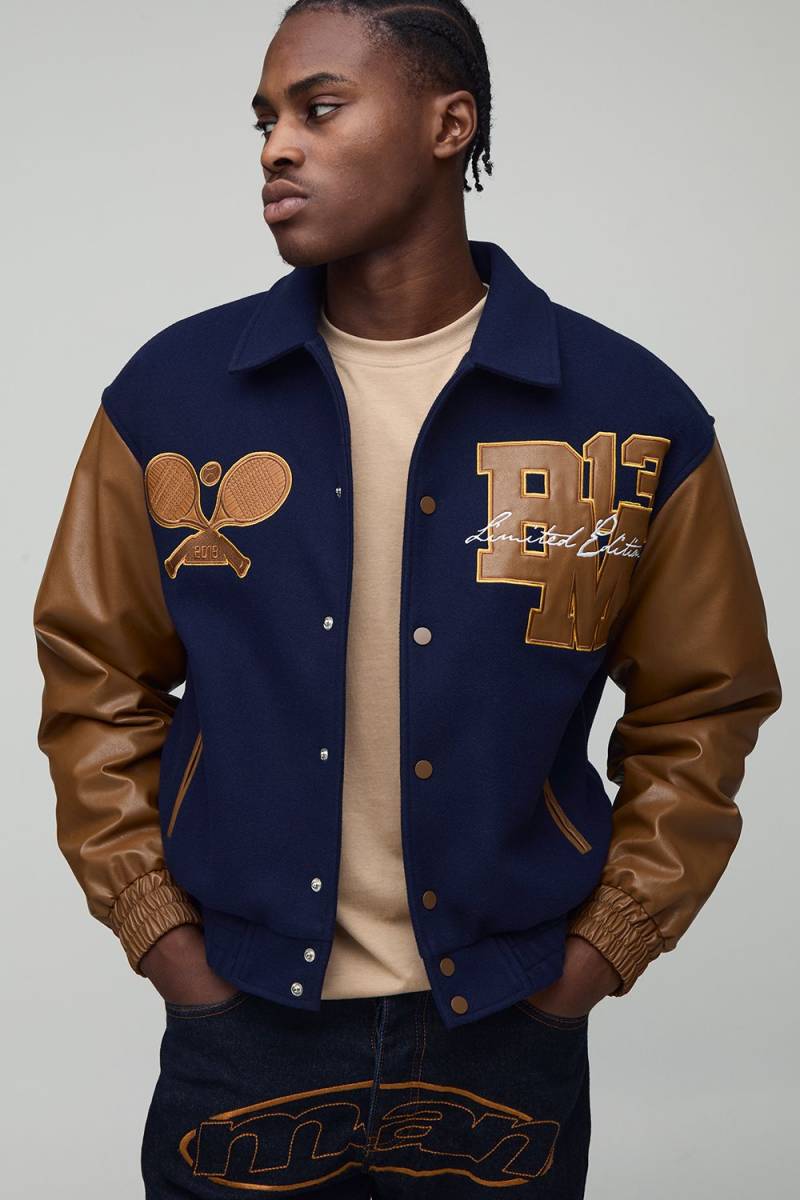 Oversize Official Man Melton Bomberjacke im College-Stil - Blau - XS, Blau Oversize Official Man Melton Bomberjacke im College-Stil - Blau - XS, Blau von boohooman